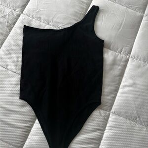Zara Black Ribbed One-Shoulder Bodysuit